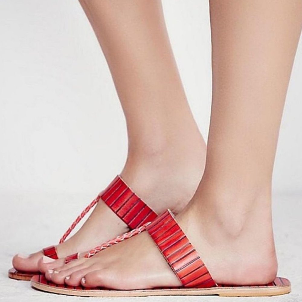 Free People Red Bora Bora Braided Leather Slide On Sandals Size 8.5 39